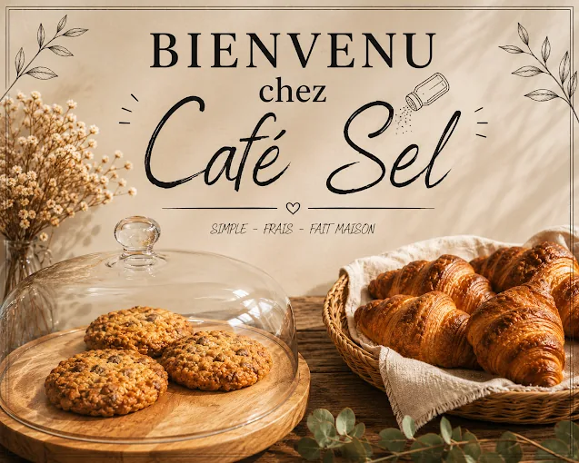 Bienvenue chez Café Sel — croissants frais et biscuits à l'avoine maison en vitrine