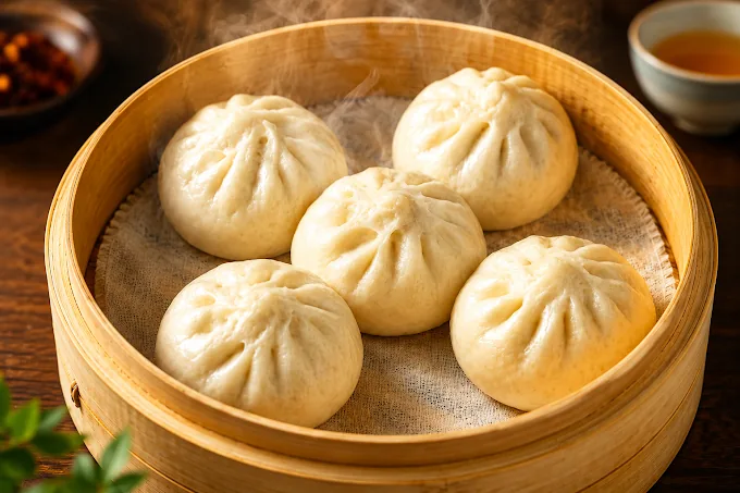Bao vapeur dans un panier de bambou chez Café Sel