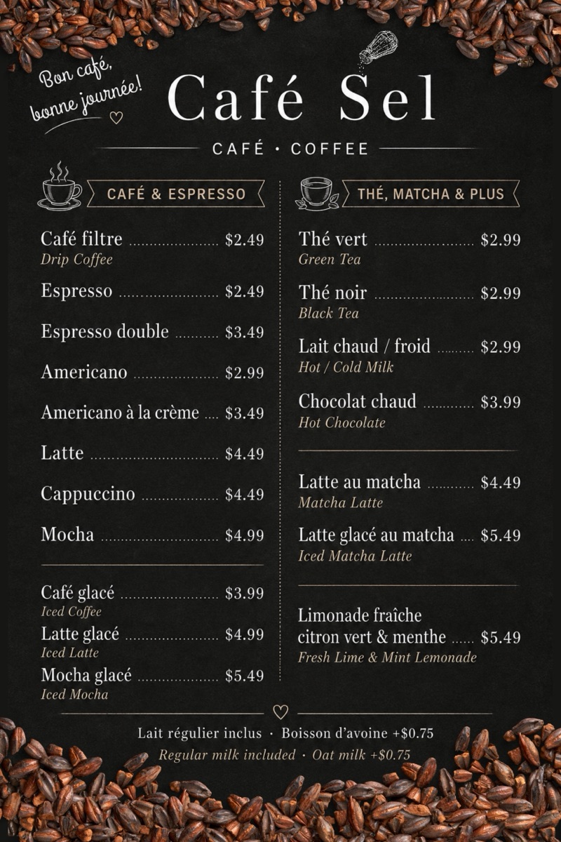 Menu des cafés et boissons de Café Sel, avec les prix